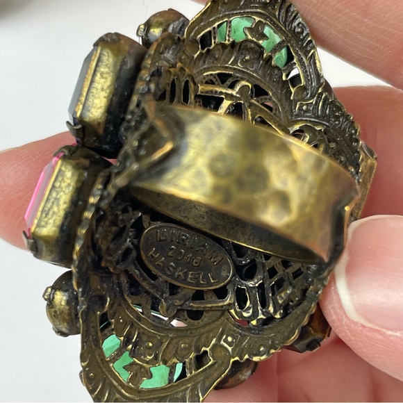 Miriam Haskell 2016 Colorful Green Pink Gold Rhinestone Statement Ring Jewelry - Picture 8 of 10